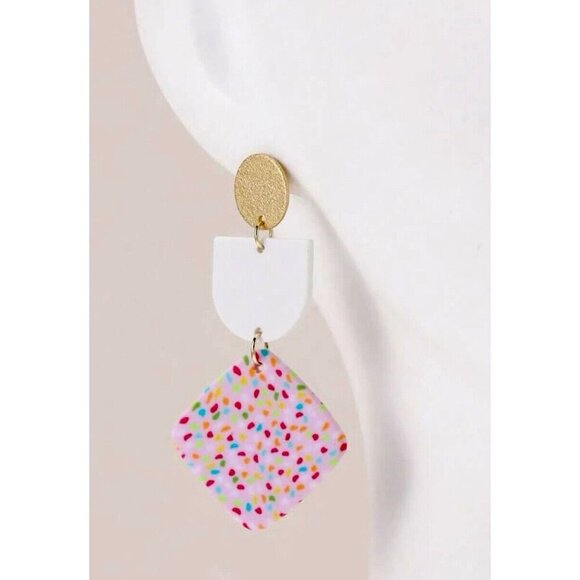 New Pink White Multicolor Dot Geometric Retro 80s Style Matte Earrings - 2.50" - Picture 5 of 5